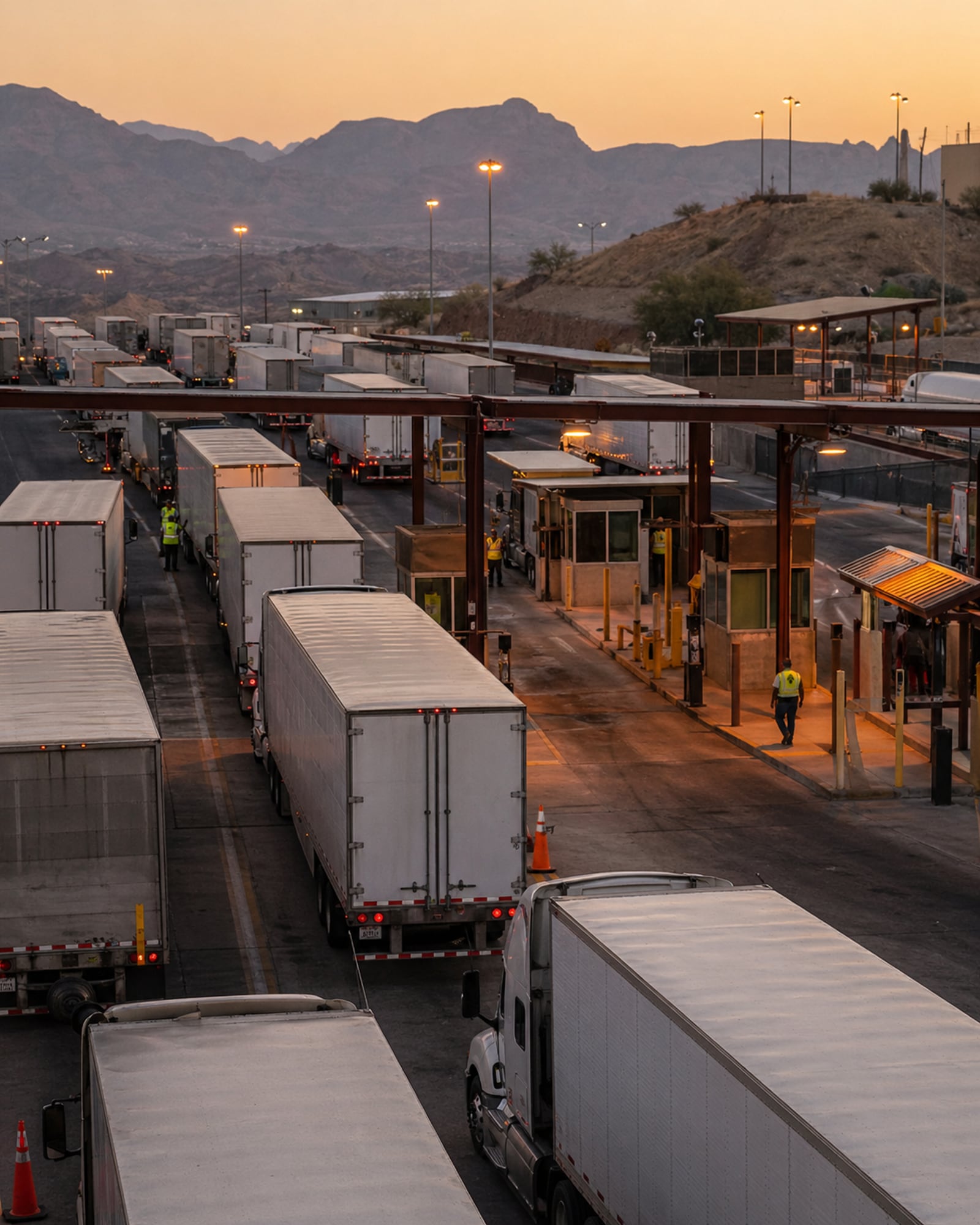 Truck queue crossing the Mariposa commercial port of entry at sunset, Nogales–Arizona corridor